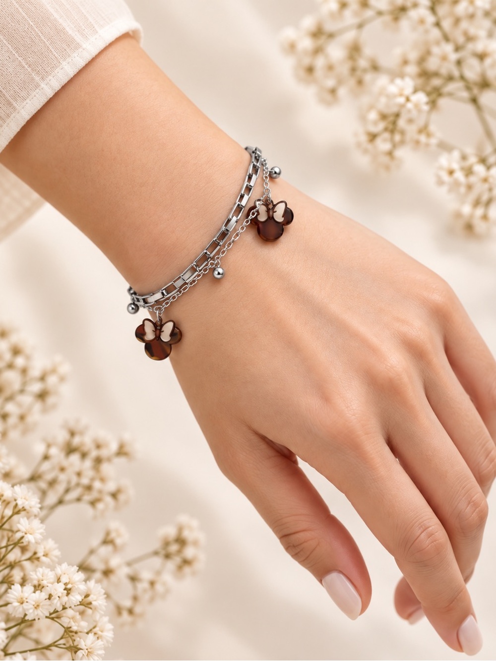 Silver Minnie Chain Bracelet with Floral Charms steel 316L